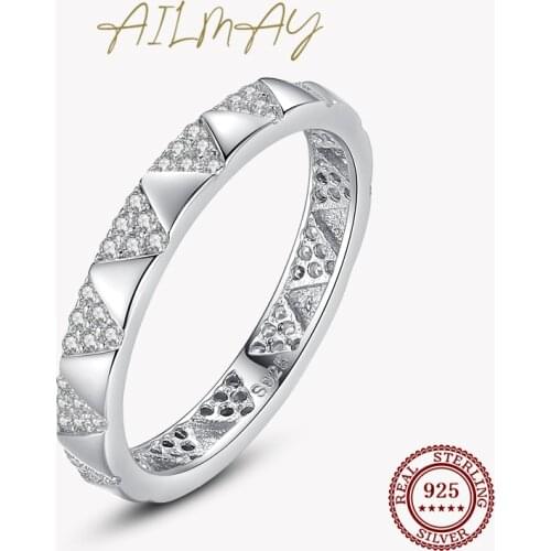 Ailmay Real 925 Sterling Silver Geometric Design CZ Finger Ring Simple Triangle Zirconia Rings For Women Statement Jewelry Gift