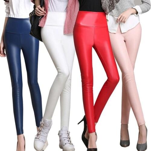 Autumn Winter Women Thin Velvet PU Leather Pants Female Sexy Elastic Stretch Faux Leather Skinny Pencil Pant Women Tight Trouser