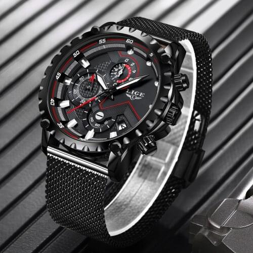 LIGE New Relogio Masculino Men Watch LIGE Black Fashion Casual Mesh Belt Quartz Watch Mens Watches Luminous Waterproof Clock+box
