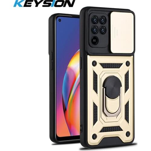 KEYSION Shockproof Case for Ralme 8 Pro C21 Ring Stand Push Pull Camera Protection Phone Cover for OPPO A15s A53 A32 A52 A72 A92