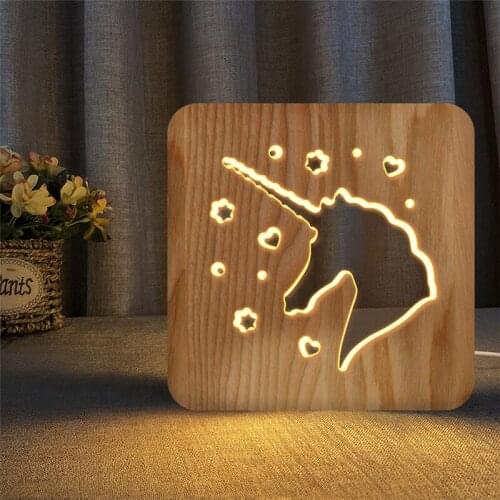 Wood unicorn Sculpture 3D Illusion led Statue Home Decorative Craft Art Collection Sculpture for Birthday party Bedroom decor