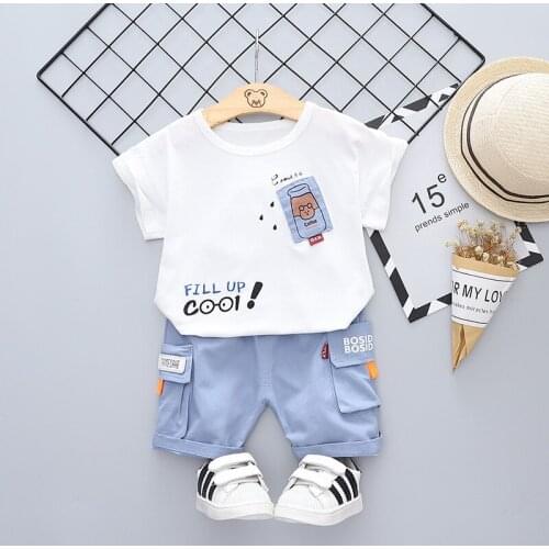Childrens short-sleeved suit, summer baby boy cartoon T-shirt + cotton shorts casual suit 1-3 years old
