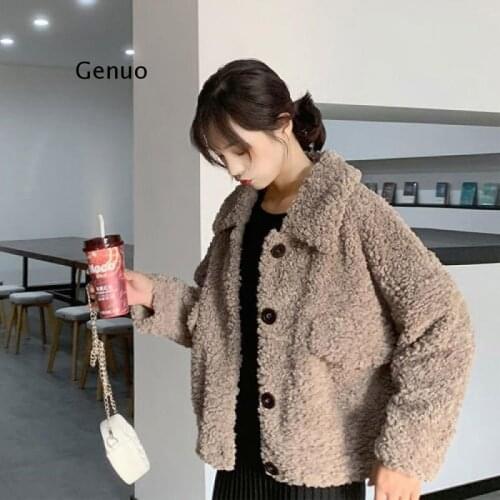 Elegant Women Faux Fur Coat Streetwear Autumn Winter Beige Imitation Lambswool Plush Fashion Coat Female Overcoat Party