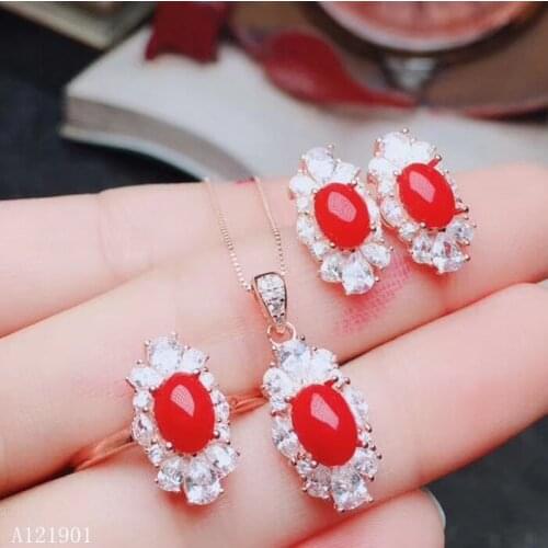 KJJEAXCMY exquisite jewelry 925 Silver-inlaid Ruby Natural Red Coral Ring Dropping Ear Nail Set Support Detection