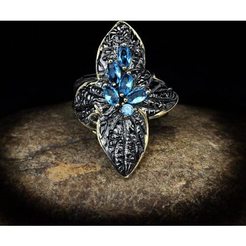High Quality Fashion Blue Zircon Black Gold Elegant Atmosphere Flower Ring For Women Wedding Party Engagement Anniversary