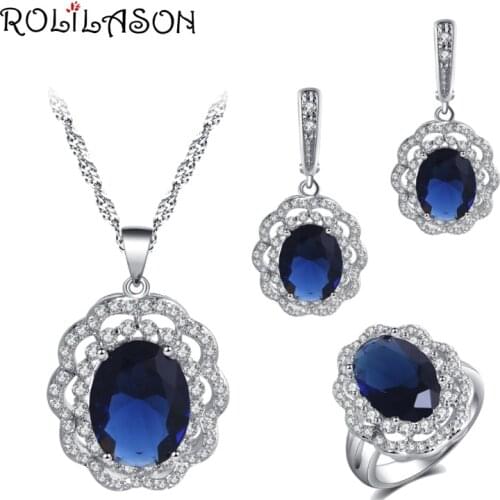 ROLILASON Anniversary Celebration Deep Blue Zircon Round Flower Design For Women Silver Earrings Necklace Ring jewelry Set JS774