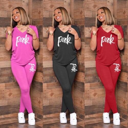 Women Letter Print Two Pieces Suits Sets Pink T-Shirt Biker Pants Fitness Summer 2020 New Sport Tracksuits 2 Piece Outfits Set
