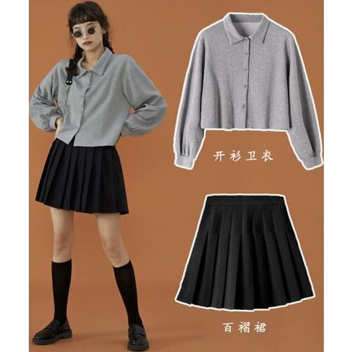 College Style Suit Female Spring Lapel Gray Sweater + Black Pleated Skirt Two-piece Suit
