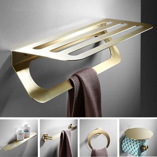 Brushed Gold Bathroom Accessories Set Towel Rack, Corner Shelf, Toilet Roll Holder, Toilet Brush Holder Wall Mounted Robbe Hook