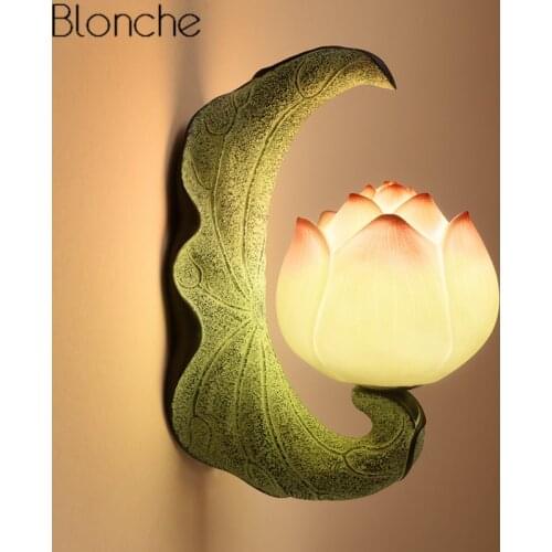 Chinese Style Lotus Wall Lamp Led Retro Mirror Lights Bedroom Bedside Lamp Vintage Resin Sconce Stair Home Decor Light Fixtures