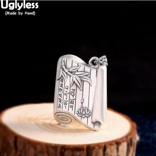 Uglyless Solid 999 Thai Silver Carved Bamboo Lotus Designer Book Pendants for Women Heart Sutra Buddhistic Necklaces NO Chains