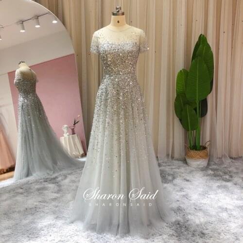 Luxury Beaded Dubai Silver Evening Dress with Sleeve Long Rose Gold Arabic Prom Formal Dresses for Women Wedding Party Gowns