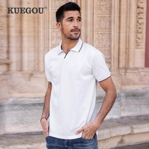 KUEGOU Solid Clothing Mens Polo shirts short sleeves Lapels slim White Summer Polos Men Patchwork Collar Top Plus Size ZT-90016