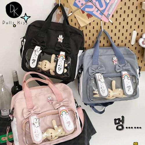 Ladies Cute 3 Ways Front Transparent PVC Pocket Ita Bag Female Cartoon Bunny Ear Backpack Kawaii Large Nylon Student School Bag
