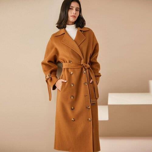 Slim lace up British long double breasted coat handmade wool cashmere coat womens 20 winter high-end new products