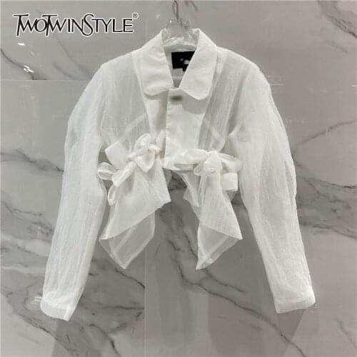 TWOTWINSTYLE White Casual Shirts For Women Lapel Long Sleeve Patchwork Bowknot Irregular Hem Short Blouses Female Summer Fashion