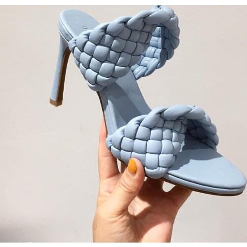 2020 Leather Braided High Heel Sandals Women Runway Party Shoes Woman Cross Wove Folds Mules Shoes Sexy Thin Heel Slippers Woman