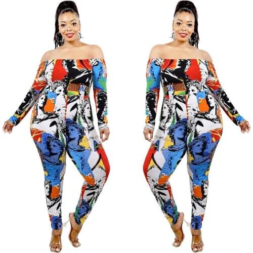 L-5XL 2021 Large Plus size women clothing jumpsuit fashion Print long sleeve One shoulder casual romper Wholesale Dropshipping