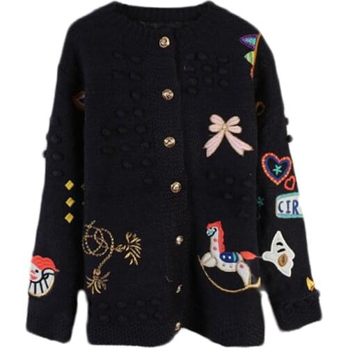 High Quality Luxury Christmas Coat Cardigans 2020 Winter Women Long-sleeved O-neck Cartoon 3D Embroidery Loose Oversize Sweater