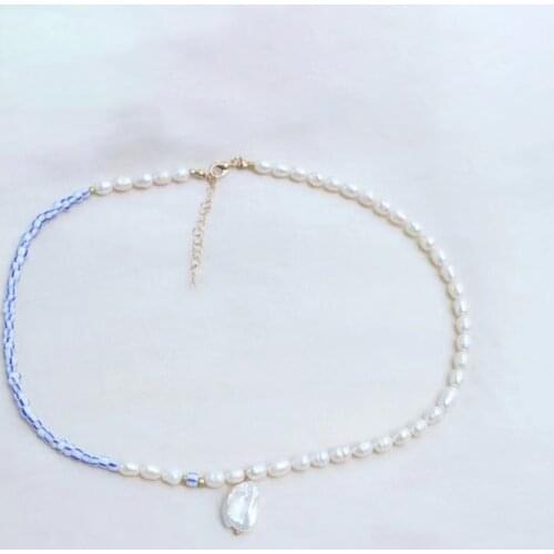 Baroque natural pearl original jewelry necklace blue flower beaded charm chain for womenchoker fashion exquisite accessories