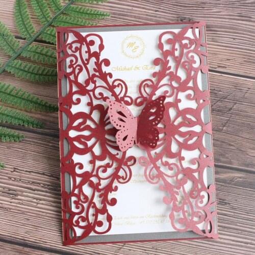 Country invitation wedding cards announcement butterfly lace laser cut design 50pcs