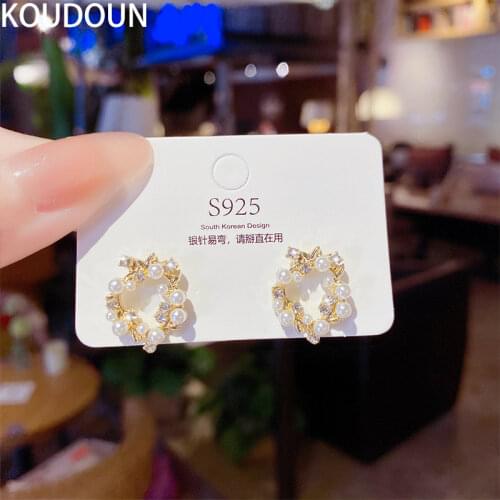 Karopel South Korea Small Fresh Sweet Cute Flower Crystal Temperament Geometric Round Pearl Zircon Earrings Jewelry Earrings