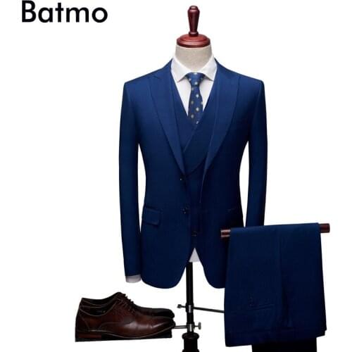 Batmo 2018 new arrival high quality smart casual striped navy blue suits men,mens blue suits,plus-size L-4XL 828