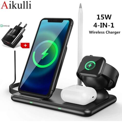 15W Wireless Charger Stand 4 in 1 Fast Charging Station for iPhone 12 11 XR X Apple Watch 6 5 4 3 Airpods Pencil Wireless Charge