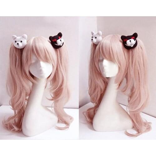 Danganronpa Enoshima Junko Wig Double Ponytail Pink Synthetic Cosplay Wig Long Natural Wavy Wig with Bangs