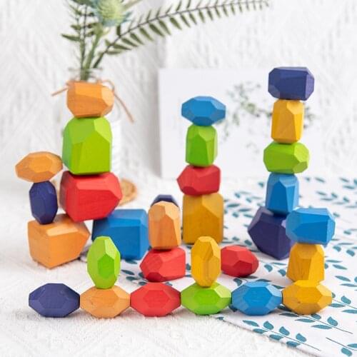 Childrens Wooden Colored Stone Jenga Building Block Educational Toy Creative Nordic Style Stacking Game Rainbow Wooden Toy Gift