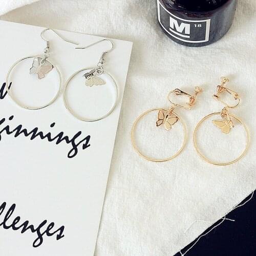 Geometry Round Circle Butterfly Dangle Earrings Hoop Earring Girl Gold Smooth Circle Round Loop Earrings for Women Jewelry