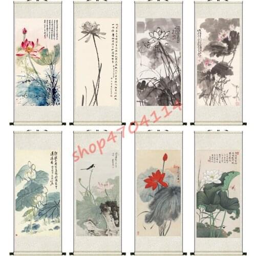 Famous artists lotus flowers and birds silk scrolls hanging pictures, exquisite crafts, decorations, collections