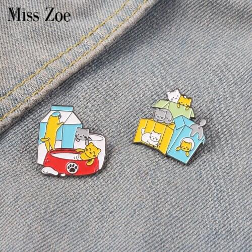 Cat In Box Enamel Pin Kitty Swimming in a Bowl Milk Box Cup Brooch Metal Badges Bag Clothes Pins Up Jewelry Gift for Cat Lover