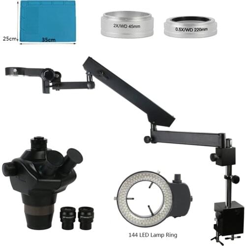 8X-50X 4X-100X Simul-Focal Trinocular Stereo Microscope+ Zoom Articulating Arm Pillar Clamp +0.5x 2.0x Auxiliary Objective Lens