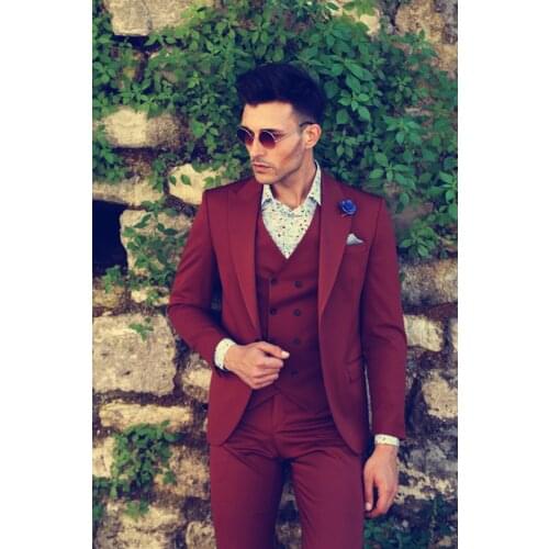 Costume Homme Men Suits Burgundy 3 Pieces Slim Fit Business Formal Suits For Wedding Tailor Made Male Party Suits Groom Blazer