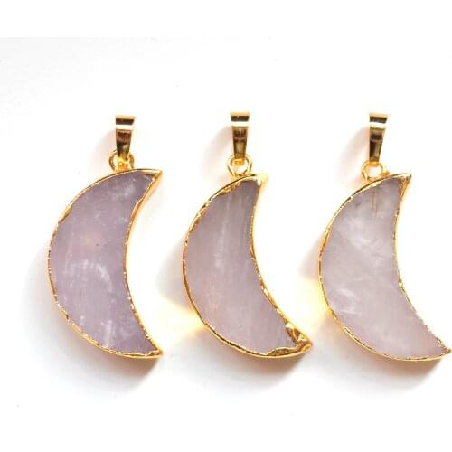 Nature amethysts quartz moon shape crystal agates pendant with Electroplated gold edge