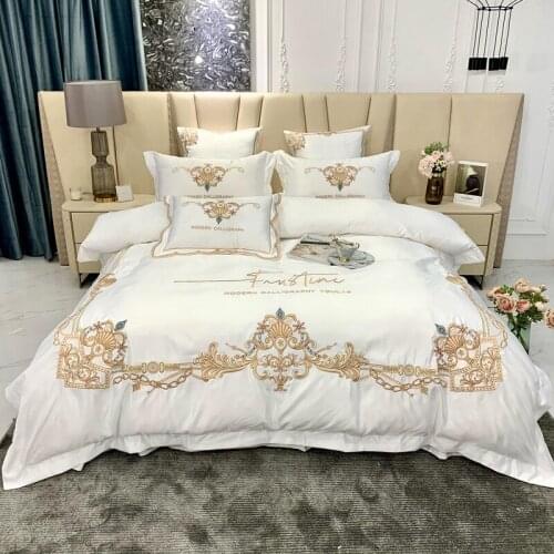 Luxury 4Pcs Satin Silk Cotton Bedding Set Gold Embroidery Smooth Silky Double Duvet Cover Set Bed Linen Bedspread Pillowcases