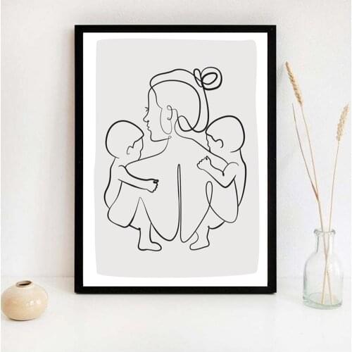 Family Portrait Mom Two Baby Art Line Drawing Posters Abstract Minimalist Wall Canvas Print Painting Nursery Decorative Pictures