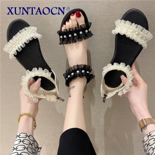 Shoes Clear Heels Low Sandals Woman Leather Suit Female Beige All-Match 2021 Summer Comfort Low-heeled Black Flat Girls Fashion