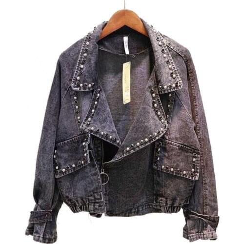 Harajuku Women Denim Jacket Vogue Zipper Rivets Motorcycle Jeans Jacket Women Street Casual Jackets Loose Plus Size Jeans Coat