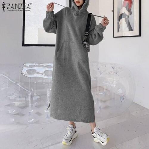 Stylish Solid Hoodies Dress Womens Hooded Sweatshirts ZANZEA Casual Long Sleeve Split Maxi Vestidos Female Solid Robe Oversized