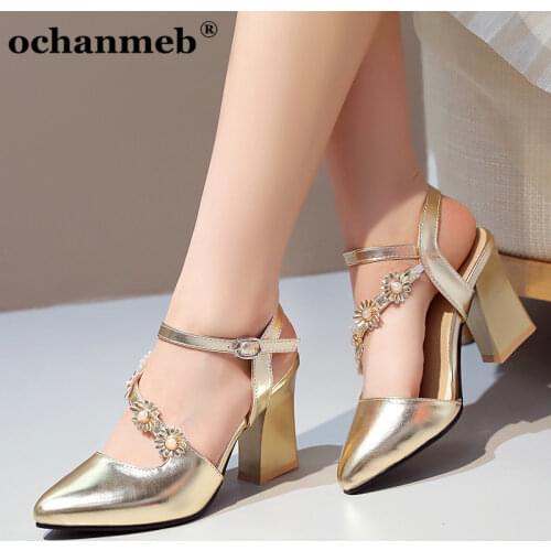 Ochanmeb Square High Heels Gold Silver Sandals Women Ladies Pearls Flowers Strap Buckle Shoes Large Size 13 45 Close Toe Sandals