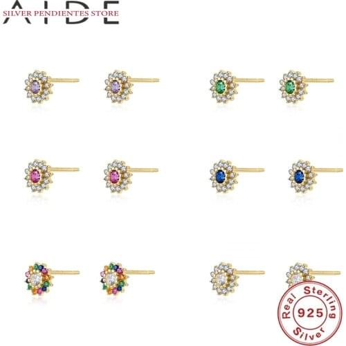AIDE S925 Sterling Silver Round Stud Earrings Women Light Luxury Green Blue Zircon Earrings Set Piercing Joyero Aretes De Mujer