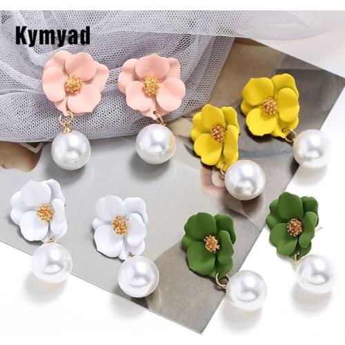 Kymyad Simulated Pearl Jewelry Earrings For Women Flower Statement Earrings 2020 Long Drop Earring New Earings Fashion Jewelry