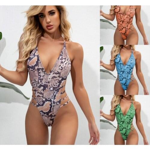 New Sexy Snake Skin Women Swimwear One Piece Swimsuit Female High Cut Deep V Bather Lady