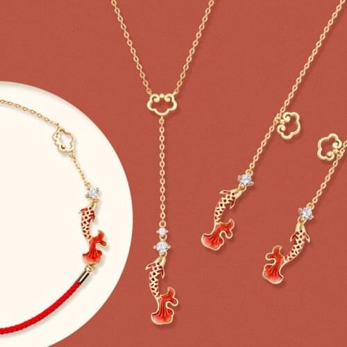 2021 New Women Ruyi Koi Jewelry Sets Auspicious Clouds Ear Line Necklaces Bracelet Red Enamel Koi Pendant Choker 925 Silver
