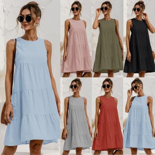 Summer Women Vest Dress 2021 Cotton O-neck Sleeveless Solid Midi Dress Stitching Large Swing Casual Loose Dress Vestido Sundress