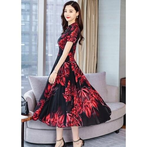 2019 Summer New Womens Printed Chiffon Dress Long Temperament Over The Knee High Waist Was Thin Dress Short Sleeve Womens