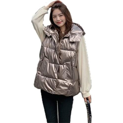 2021 Spring Autumn Bright Side Down Cotton Vest Coat Women New Loose Pink Black Gold Casual Hooded Sleeveless Vest Jacket N1319