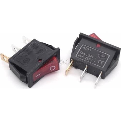 10Pcs Rocker Switch 15A 250V 30A 220VAC 3Pin With Red Light KCD3-102/N 15*32 mm Power Switch